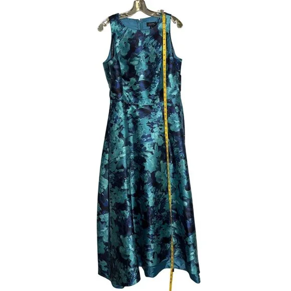 Tahari Arthur S. Levine Floral Sleeveless Maxi Dress Size 12 Blue/Teal Satin - Picture 6 of 11